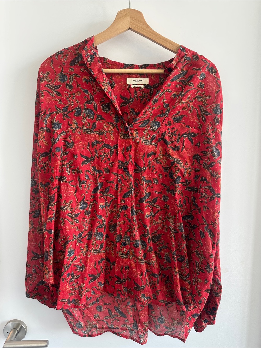 Isabel Marant Etoile Red Floral Button-Front Blouse with Black Print